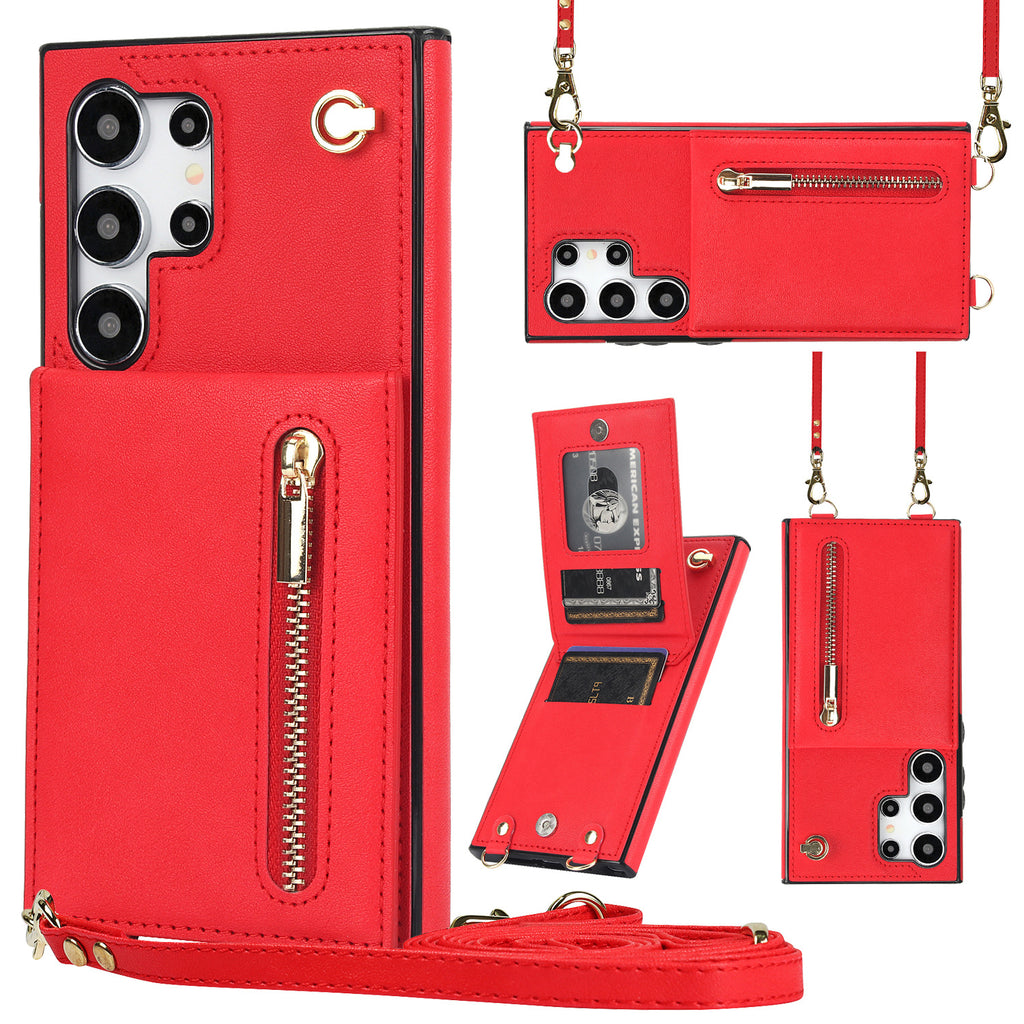 Card Crossbody Zipper Coque de téléphone en cuir