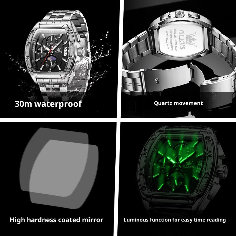Ceinture en acier Tonneau Quartz Montres Lumineuses Hommes