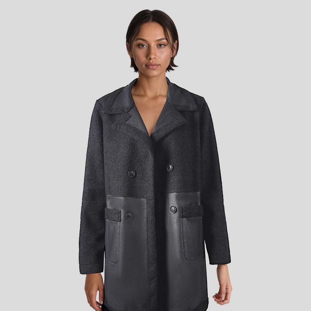 Veste en cuir mi-long pour femmes avec patchwork et design bidirectionnel