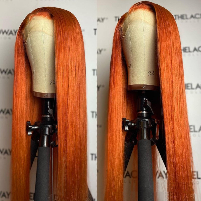 Perruque sans fil de fibre chimique longue droite orange Split
