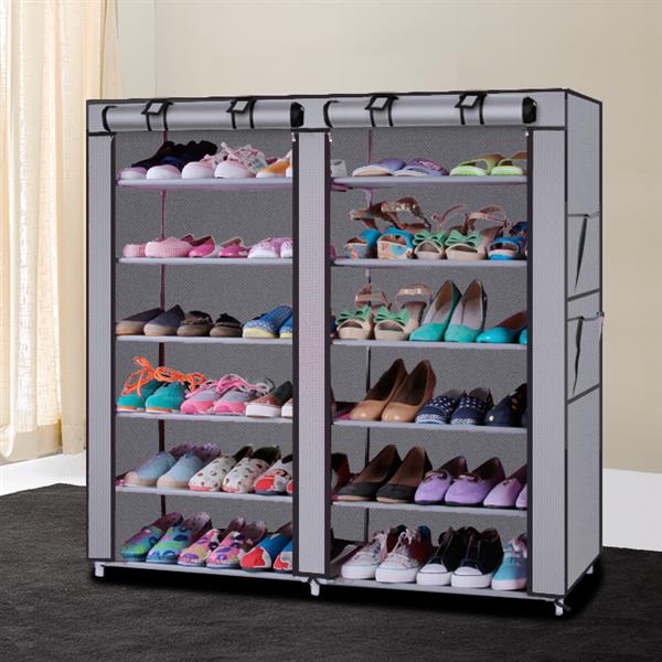 6 étages Double rangée 12 Grille Non-tissé en tissu Chaussures Cabinet gris