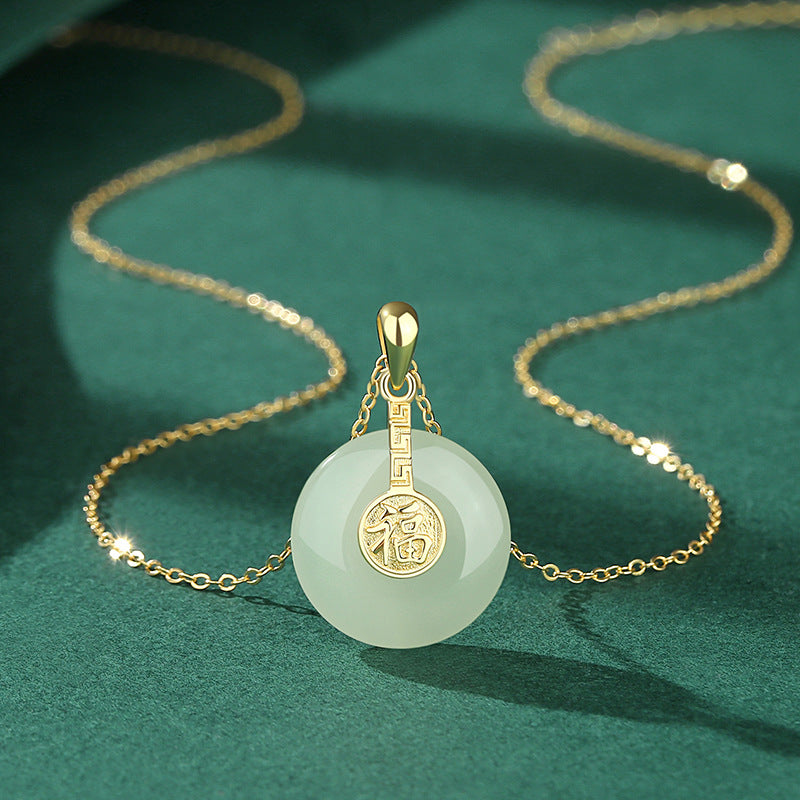 Le Bouton de Paix Nafu et de Champ Jade Collier Femme Rétro Chinois Style Fu caractère 18K