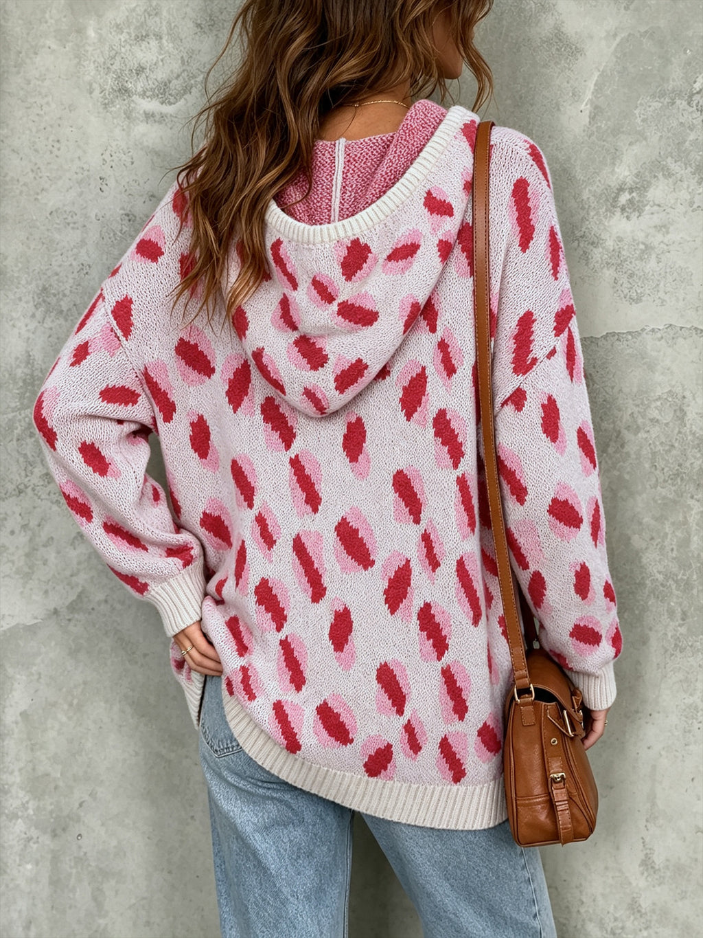 Femmes Casual Drop Épaule à capuchon tricot Top Rose Leopard Motif Laine Blend Chandail