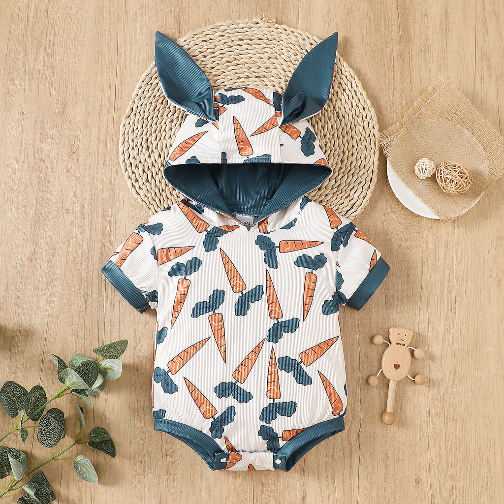Cartoon Lapin-oreille Hoodie avec une carotte vivante imprimé Romper