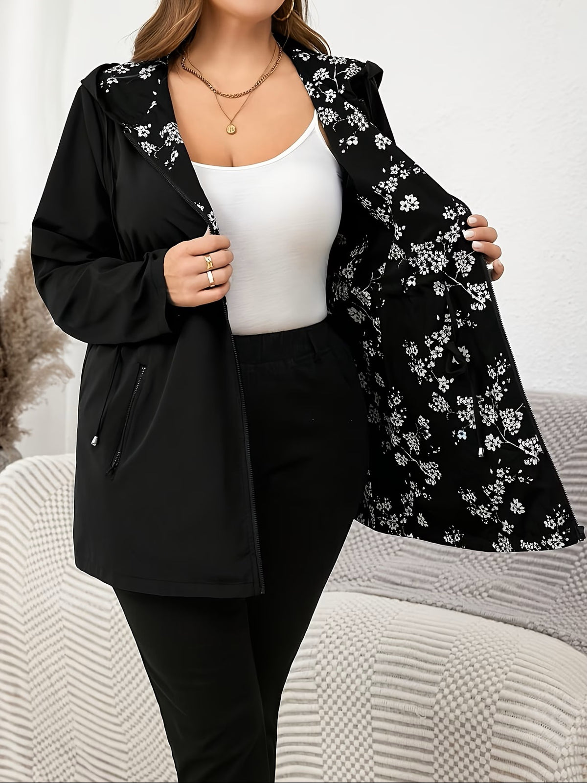 Cardigan à manches longues à capuchon pour femmes de plus grande taille - Veste de sweater en tricot imprimé réversible