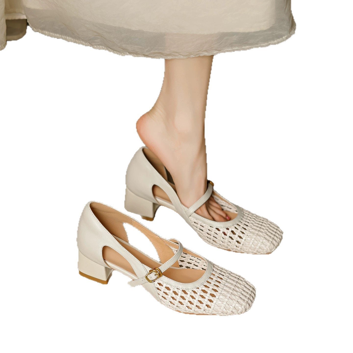 Carré Toe Woven Openwork Mary Jane Sandals Femmes Mid Heel Bracelet simple