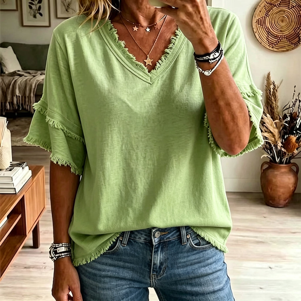 Chemise casual femme V-Neck manches courtes Loose Fit Pure Color Summer Fashion Pullove
