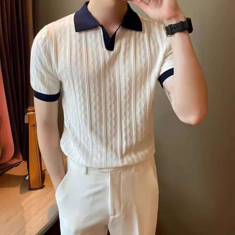 Trendy Polo Homme Chemise V Lapel Stretch Jacquard Texture Slim-fit à manches courtes tricoté vers