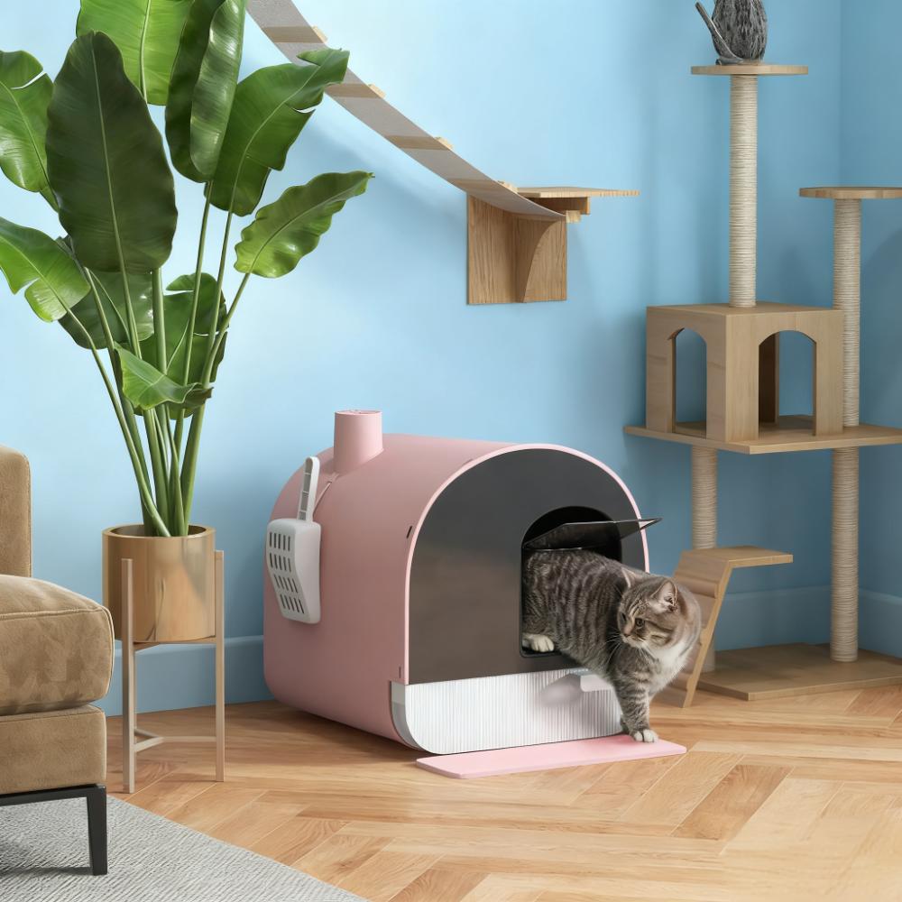 Boîte à litière pour chat rose avec couvercle et filtre