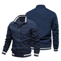 Hommes Striped Rib Stand Collar Bomber Jacket Solid Black Zip Up Lightweight Windbreaker Stri