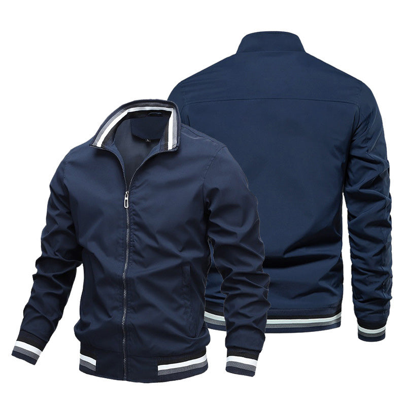 Hommes Striped Rib Stand Collar Bomber Jacket Solid Black Zip Up Lightweight Windbreaker Stri