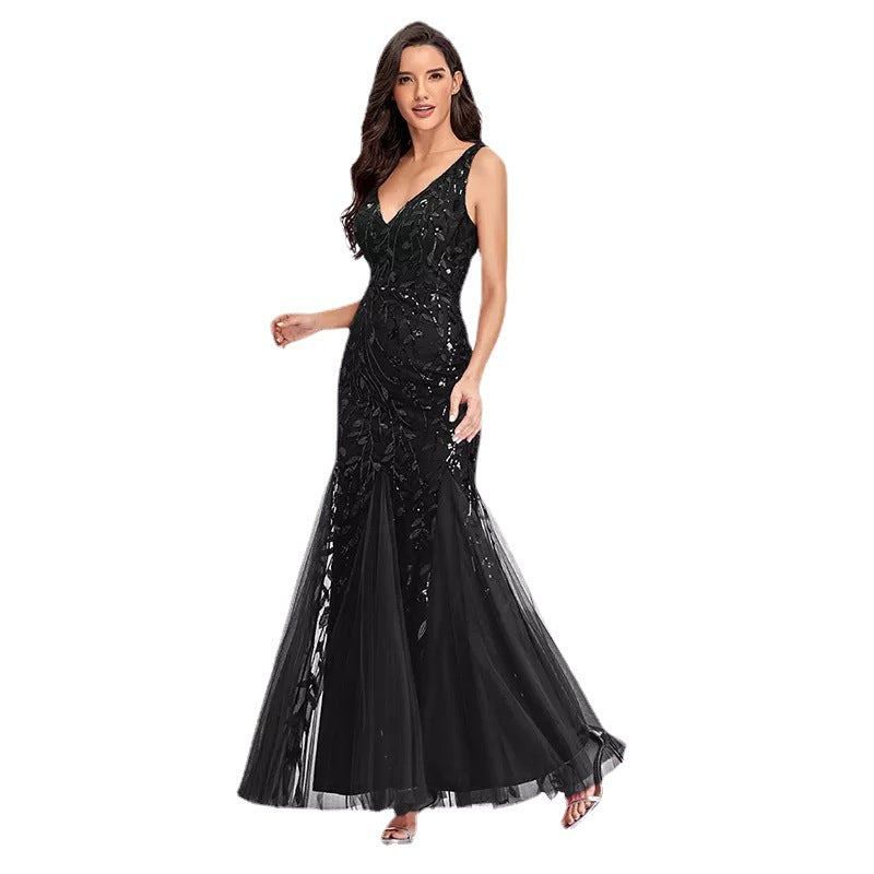 Robe de soirée européenne et américaine Col V Tulle Brodé Paillettes Sexy Sirène Prom Dre
