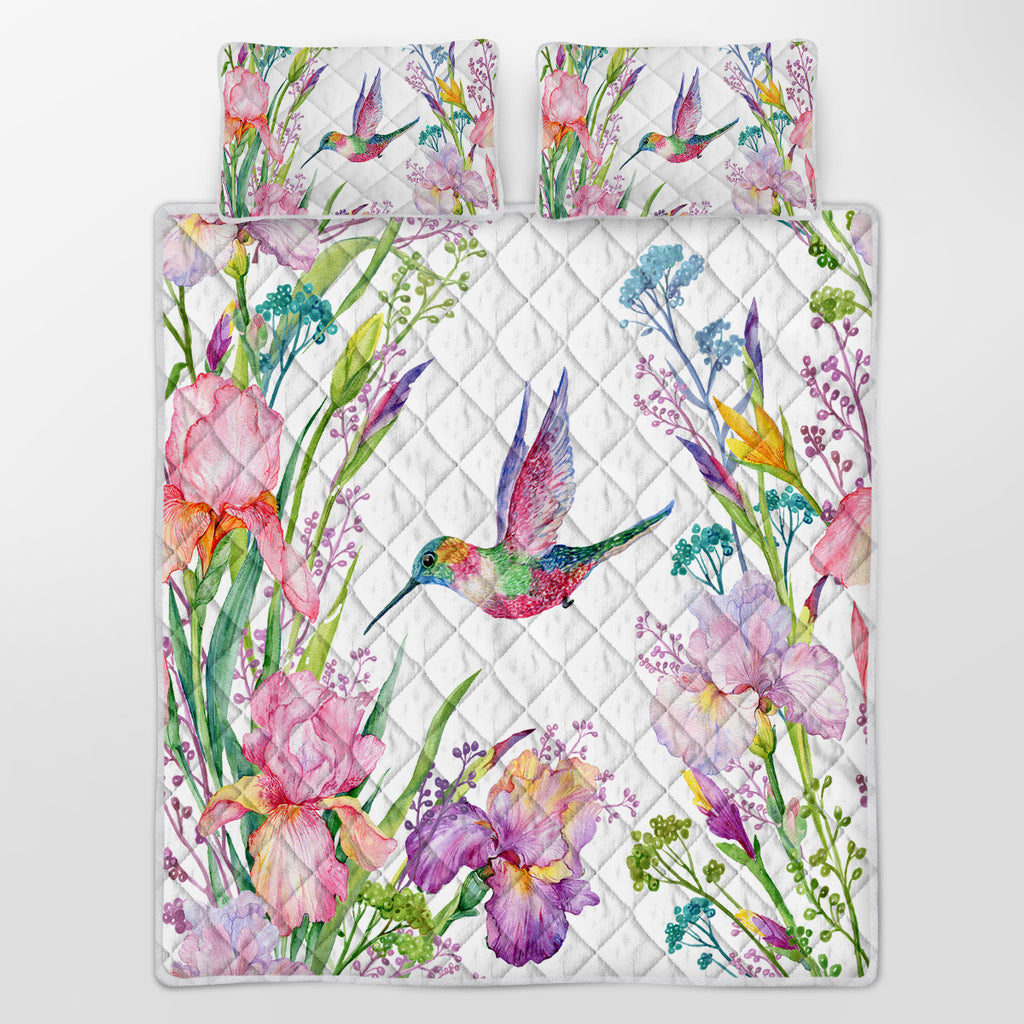 Hummingbird Pattern Quilt Set Microfiber Soft Lightweight Tropical Bird Bedding Set
