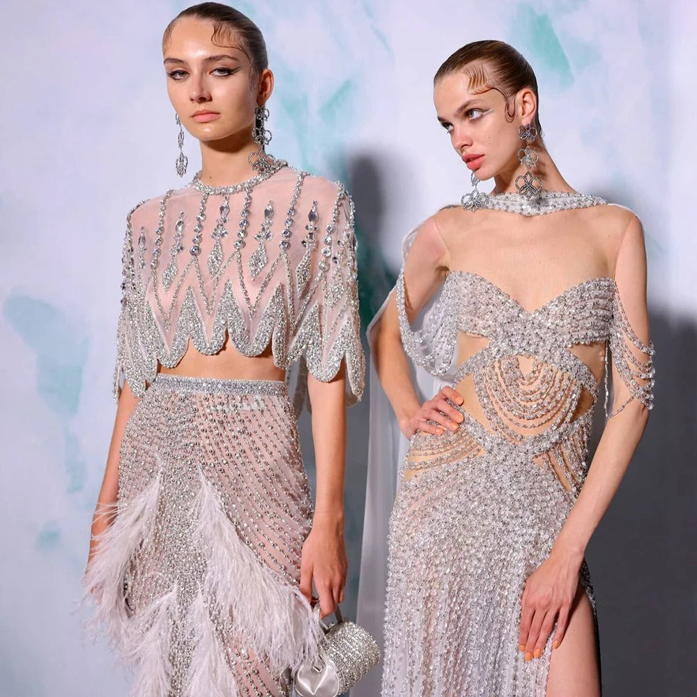 European And American Silver Nude Slim-fit Feather Châl Host Performance Soirée féminine