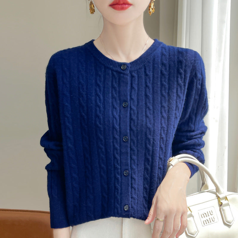 Chandail de câble bleu marine Cardigan câblé Veste ouverte de style court