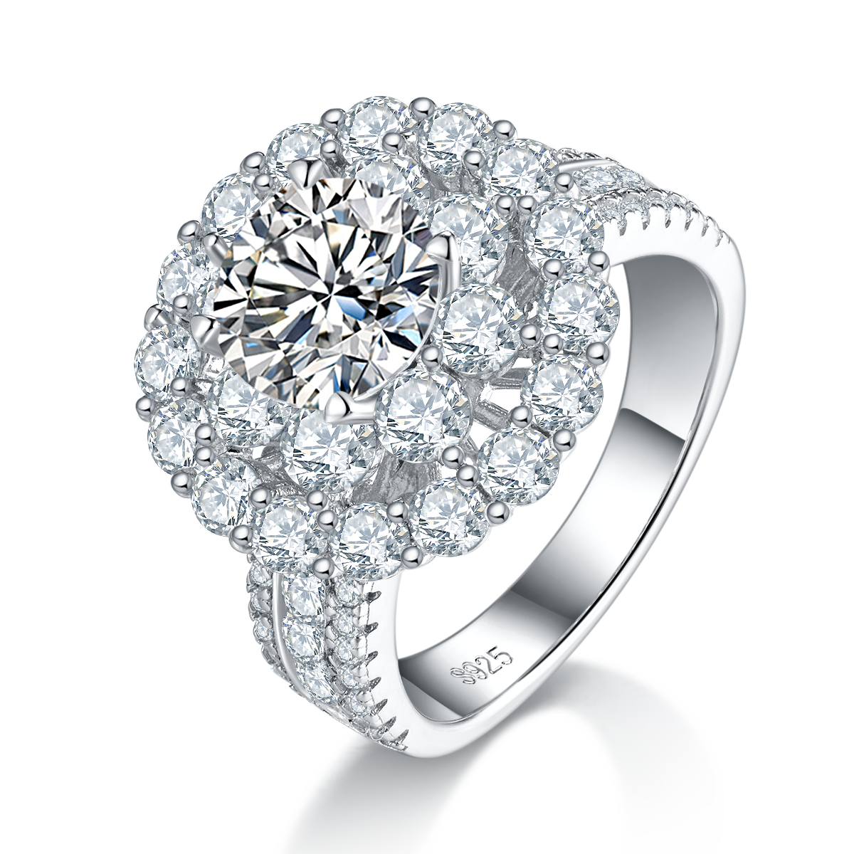 S925 Sterling Silver 2ct Moissanite Ring, 8mm D-VVS1 Double Halo Pave Band, Platinum Plated US Sizes 5-9 GRA Certified Gift Box