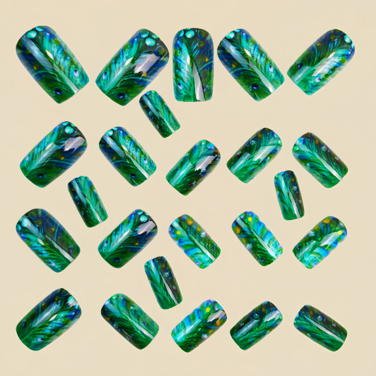 Peacock Green Square-Stone Medium Length Nail Tips