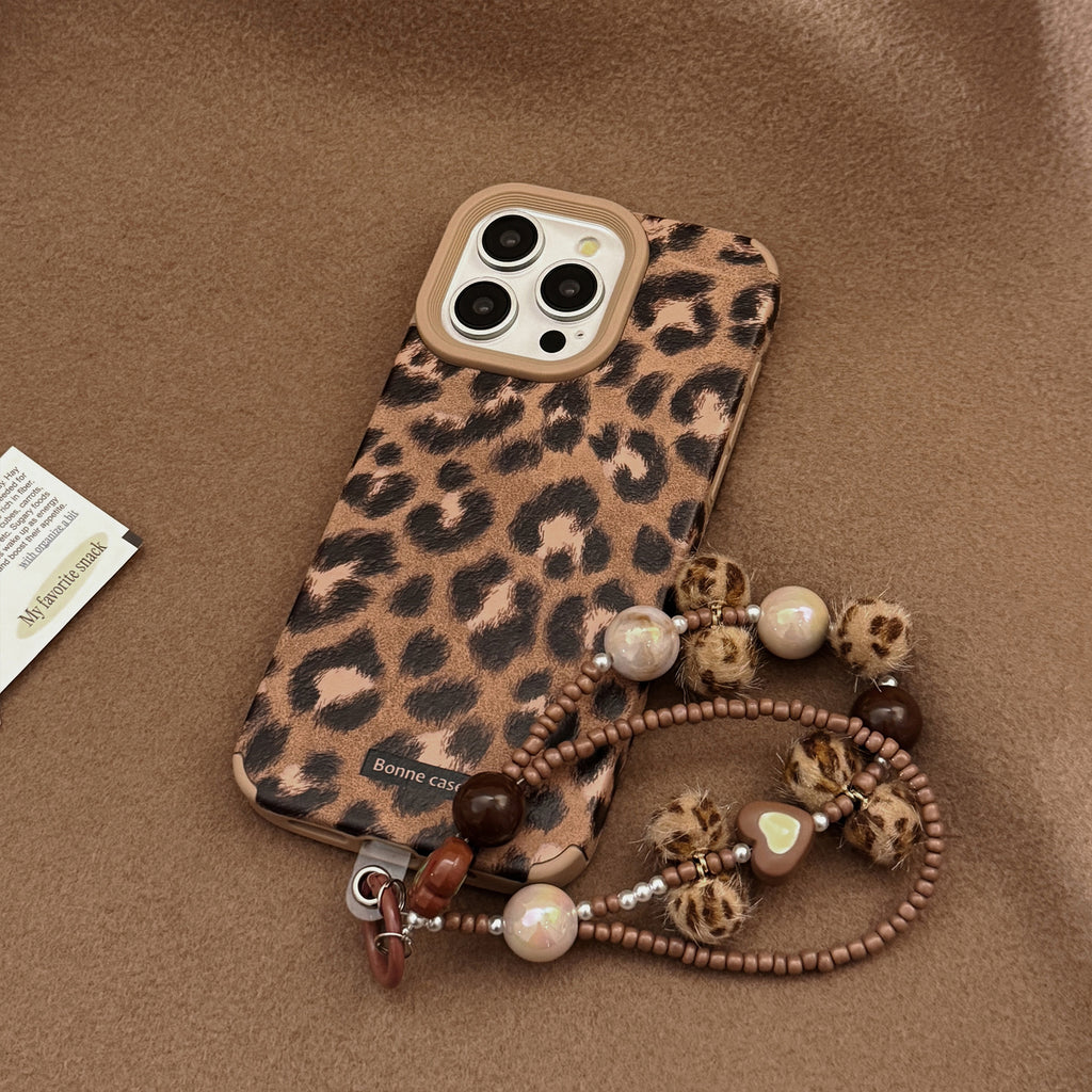 Leopard-Print Plush Lanyard Phone Case Vintage Suede Style