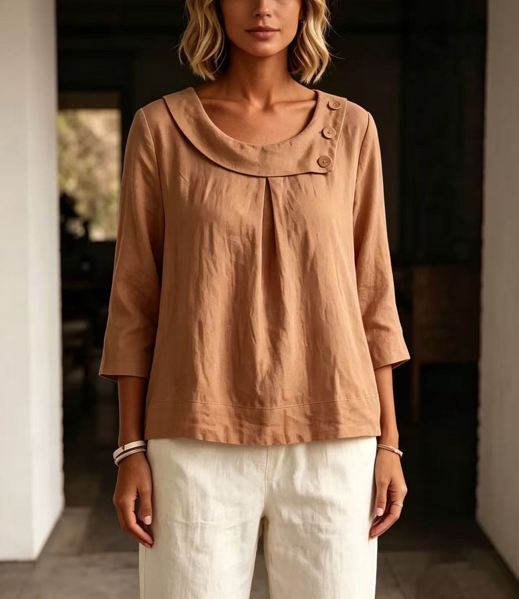European And American Amazon Cotton and Line Casual Elegant Workwear Round Neck Shirt Loo
