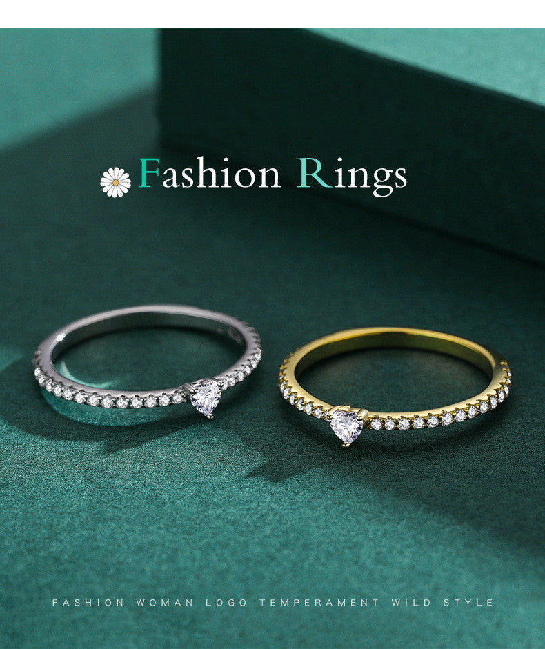 S925 Argent Sterling Light Luxury Simulation Diamant en forme de cœur Love Simple Wild Ring
