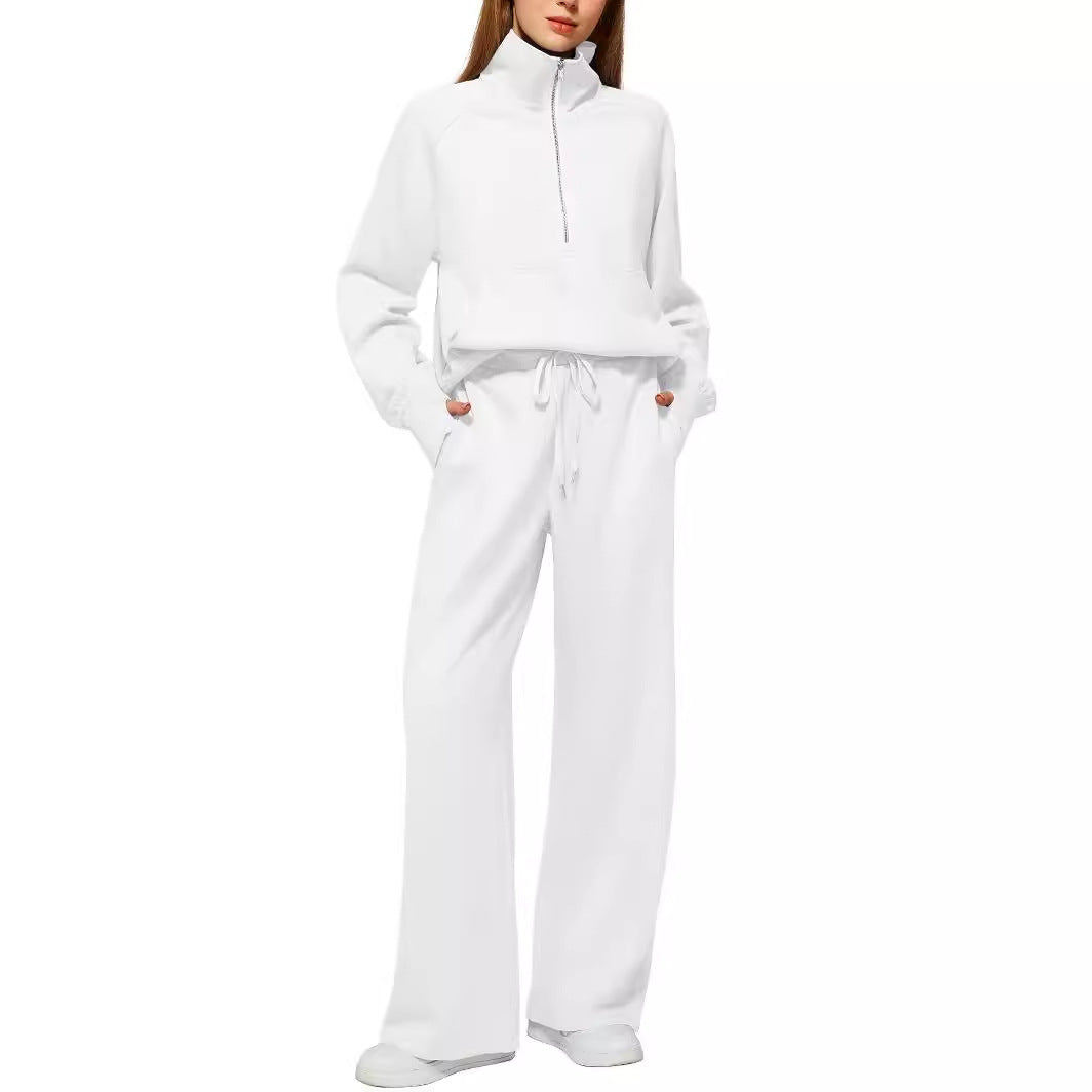 European and American Amazon Women's Two Piece Set Sweatshirt surdimensionné demi-zip Wide-Leg