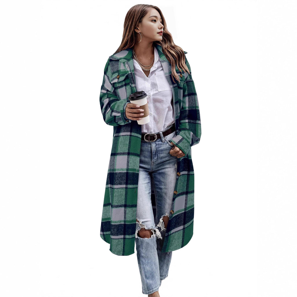 AutomneHiver Lapel Drop-Shoulder Casual Plaid Shirt avec poches de patch