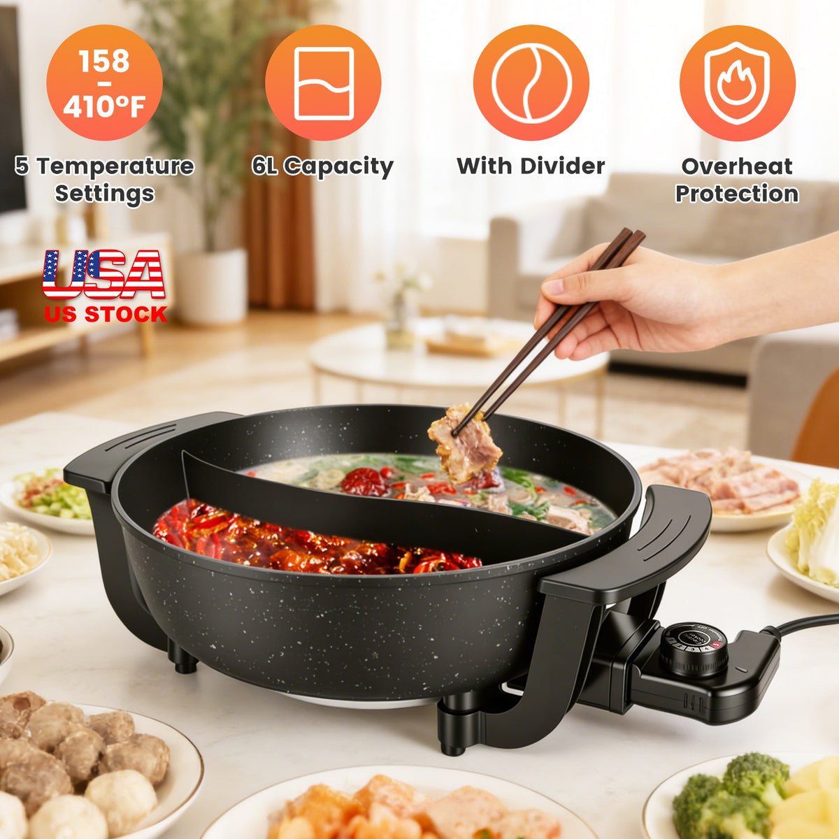 6L Electric Pot with Divider 1100W Dual Flavor Pot Shabu Shabu Pot Non-positional with 5-Temp C