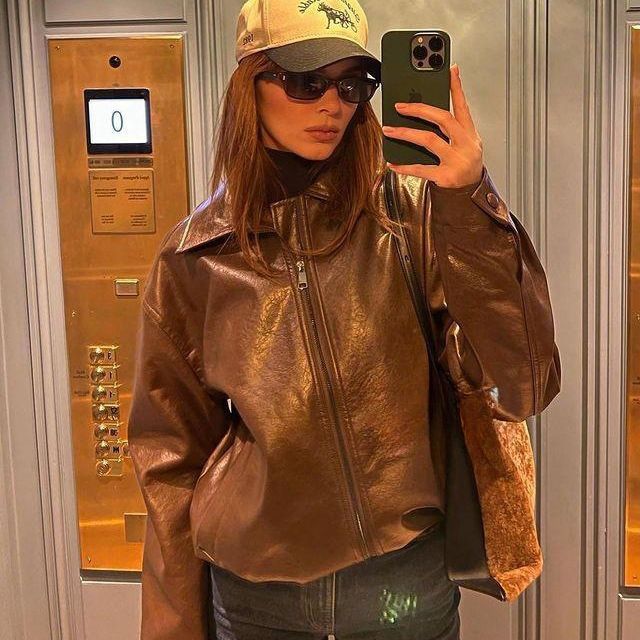 Veste de moto vintage en cuir brun pour femme