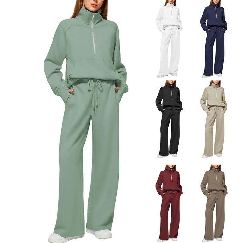 European and American Amazon Women's Two Piece Set Sweatshirt surdimensionné demi-zip Wide-Leg