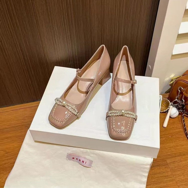 Femmes Elégante française Mary Jane Pompes Été Automne Nue Pearl Bow Basse Coupe Douce Talons hauts