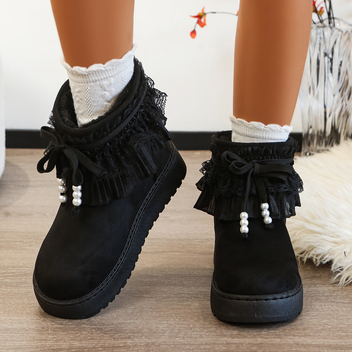 Lace Trim Bow Platform Bottes de neige Femmes Hiver douce polaire doublé épais coton chaud Bo