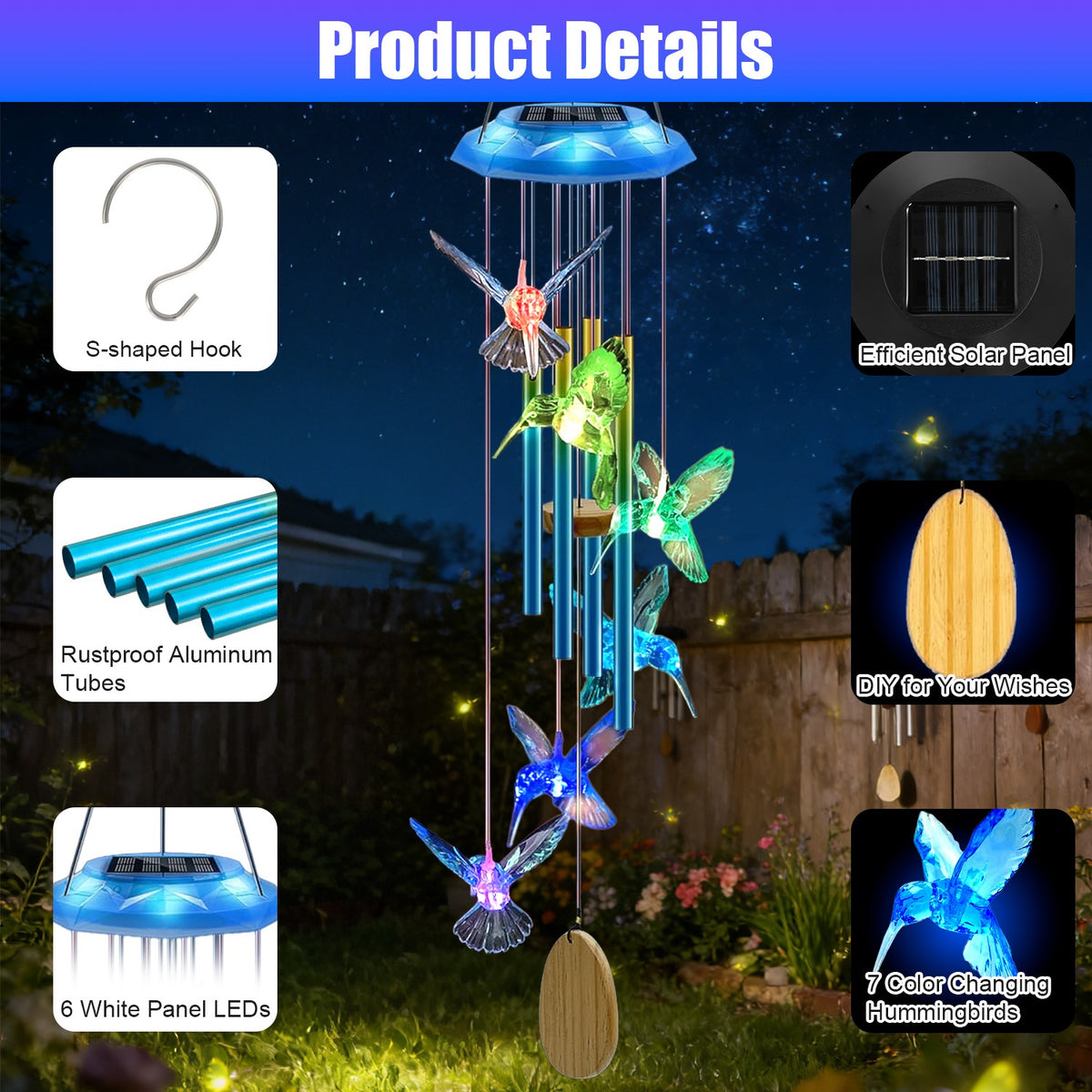 1pc Solar Butterfly Wind Chime with Aluminum Tubes 7-Color Changing Wind Chime for Outdoor