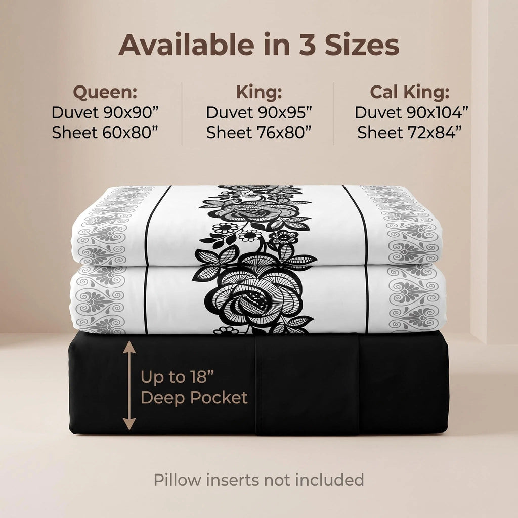 4 pièces noir et blanc Bohème Floral Couvercle de couverture de lit pour la Reine