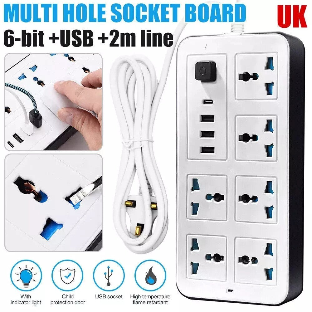 Extension câble câble électrique secteur alimentation 6 Gang 3 USB 1 prise de port de type C