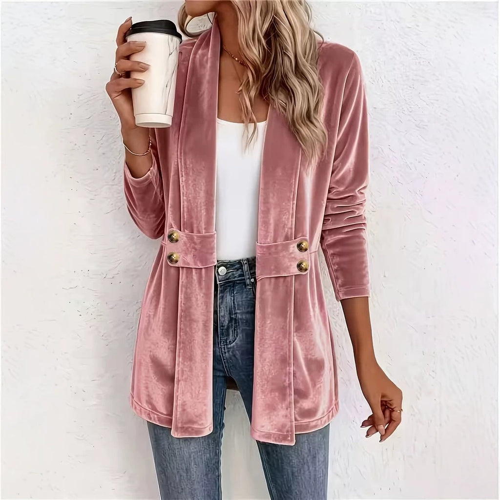 Femmes Velvet Ouvert Cardigan Avant Manches Longues Double Bouton Décor Vêtements de dessus Casual