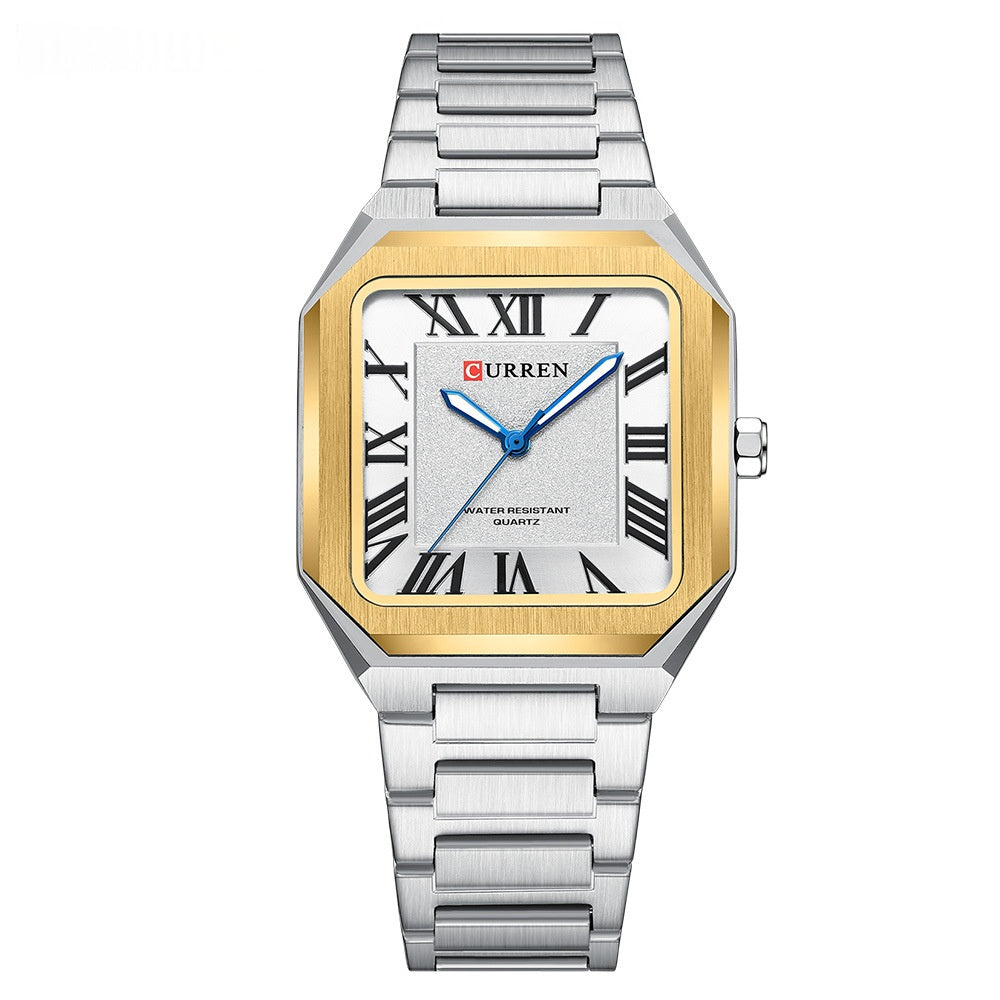 Montre Quartz à l'épreuve de l'eau carrée simple homme avec chiffres romains et bande d'acier mode