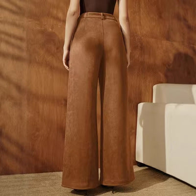 European and American Retro Suede Pantalons Wide-leg Femmes High-waited with A Draped Drape