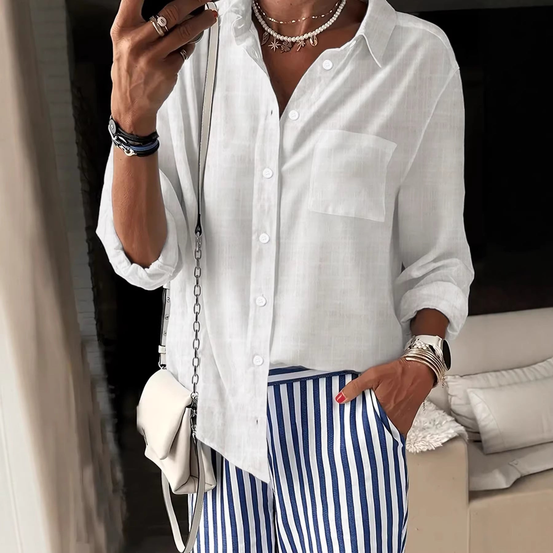 Femmes Pure Cotton Shirt Casual Loose-Fit Bamboo-Strip Lin Top manches longues pour les femmes