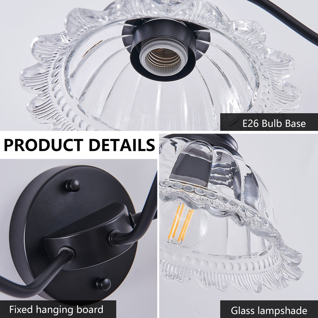 24 pouces 3-Light Vintage salle de bain mur sconce élégant noir métal et verre abat-jour Vanit