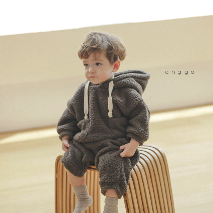 Costume en peluche souple pour enfants Garçons et filles Chaud et épais Pantalon à capuche deux pièces Su