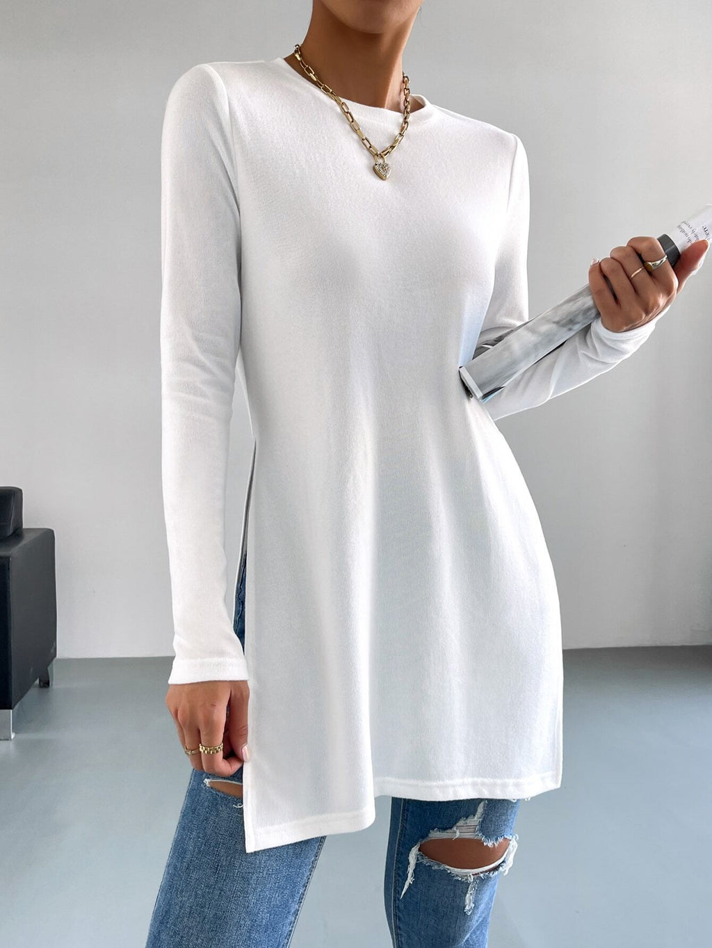AliExpress Explosions Manches Longues Femme Top TEMU Semelles de couleur solide Split Long T-Shirt Wom