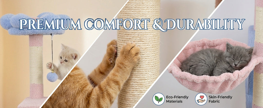 Arbre de chat fleur avec grand condo coussin de fleur amovible et hamac bleu