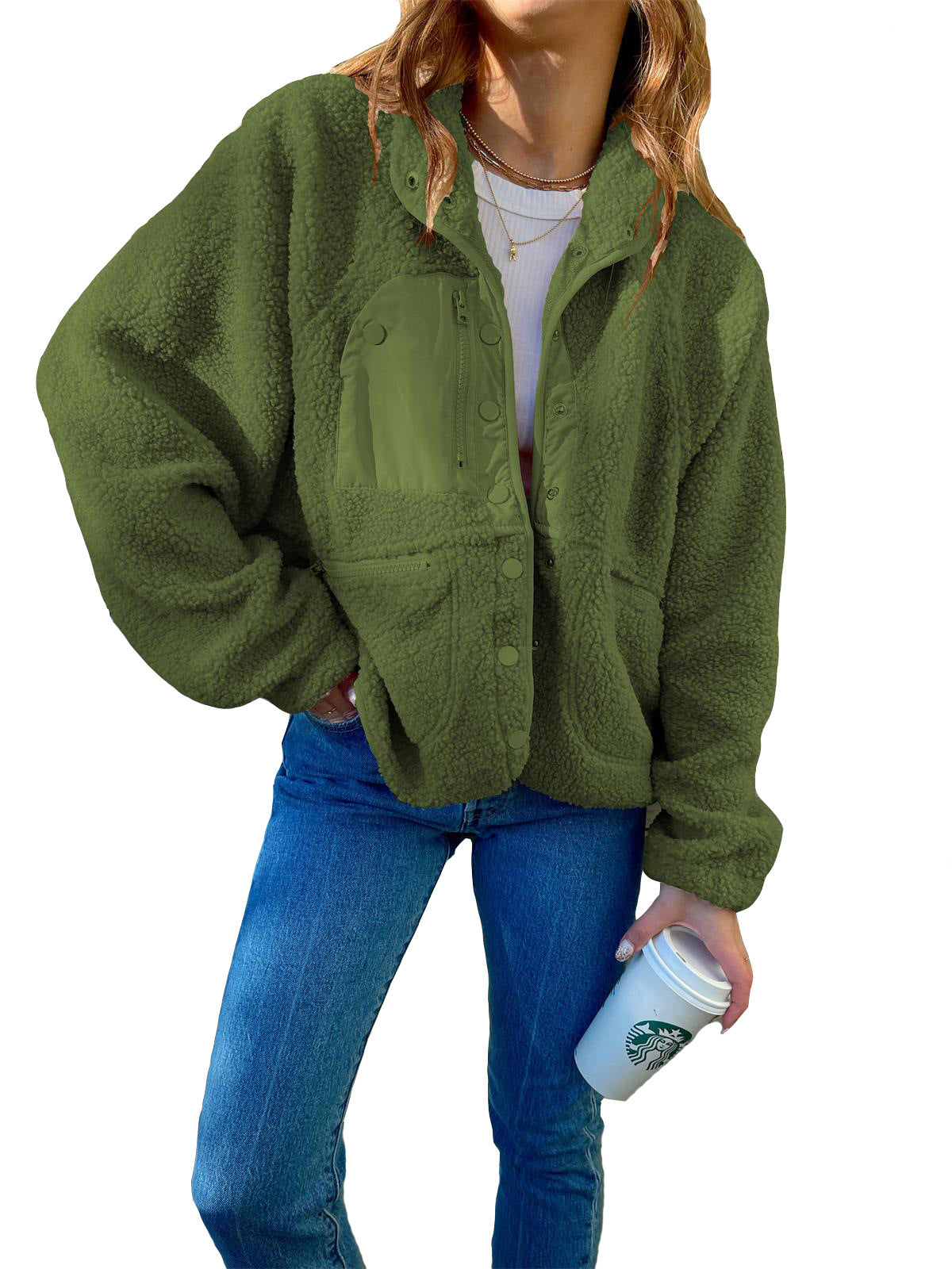 Veste en peluche cardigan courte Laine d'agneau
