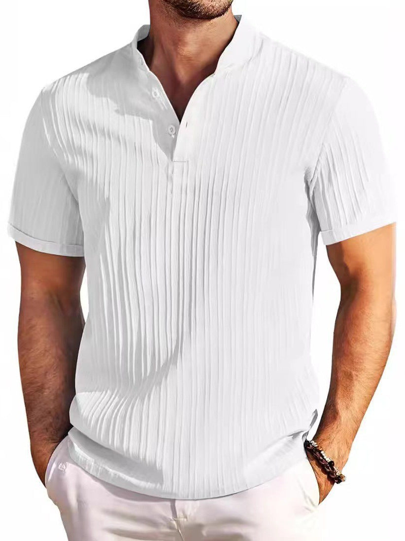 Homme Cotton-lin Jacquard Solide-couleur Casual Loose-fit Chemise manches courtes