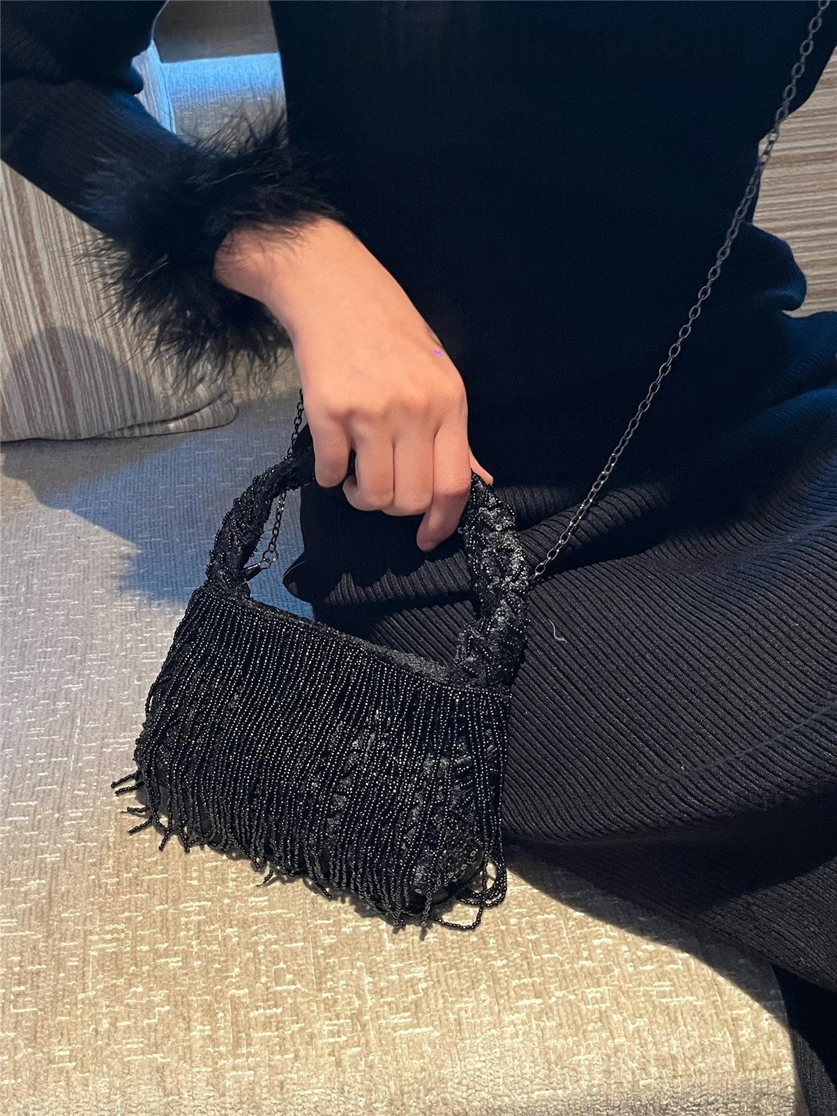 Style chinois Vintage Handmade Solid-black Perle Tassel Tote Bag