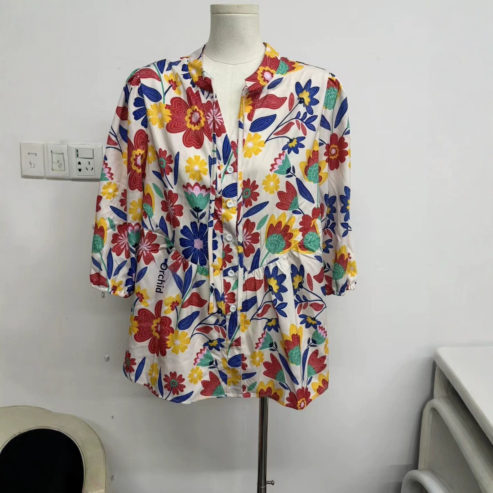 Bohemian Floral Manches courtes Bouton-up col V Ruffled Doll style Casual Loose-fit Blouse