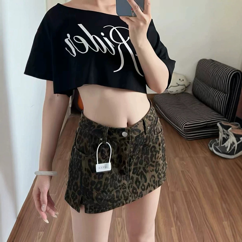 Leopard-print Femmes shorts de jupe d'été avec un style de carrosserie fente