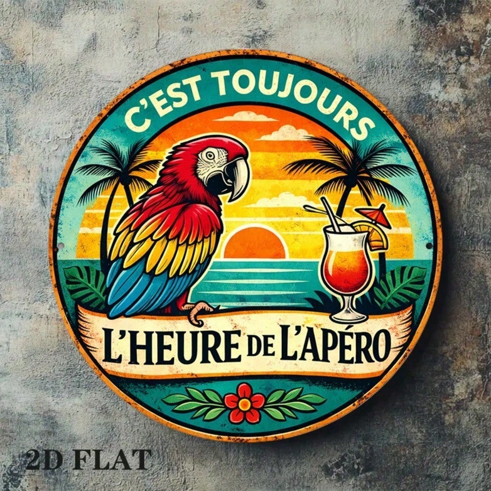 8x8in Vintage Parrot Cocktail Round Signe Happy Hour Bar Decor