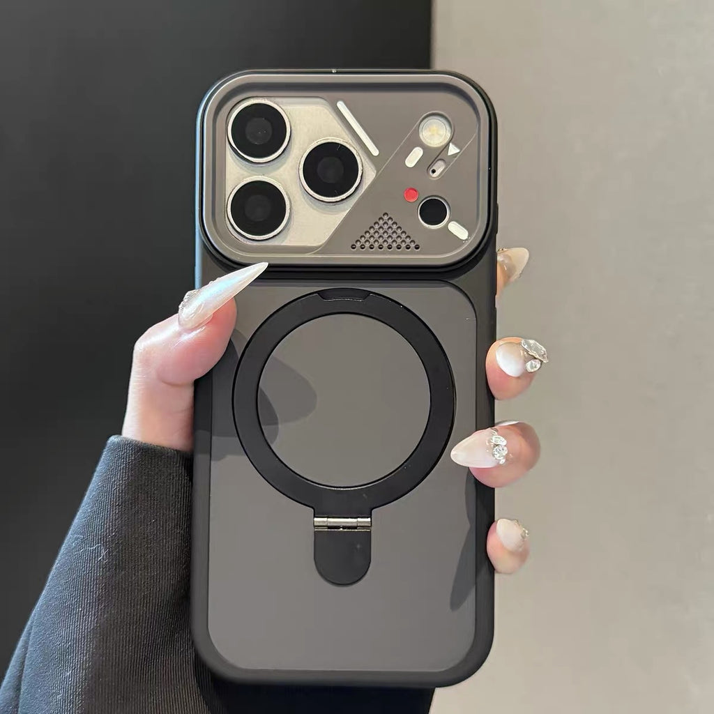 Mecha-style Frame Magnétique-suction Stand Matte Skin-feel Phone Case