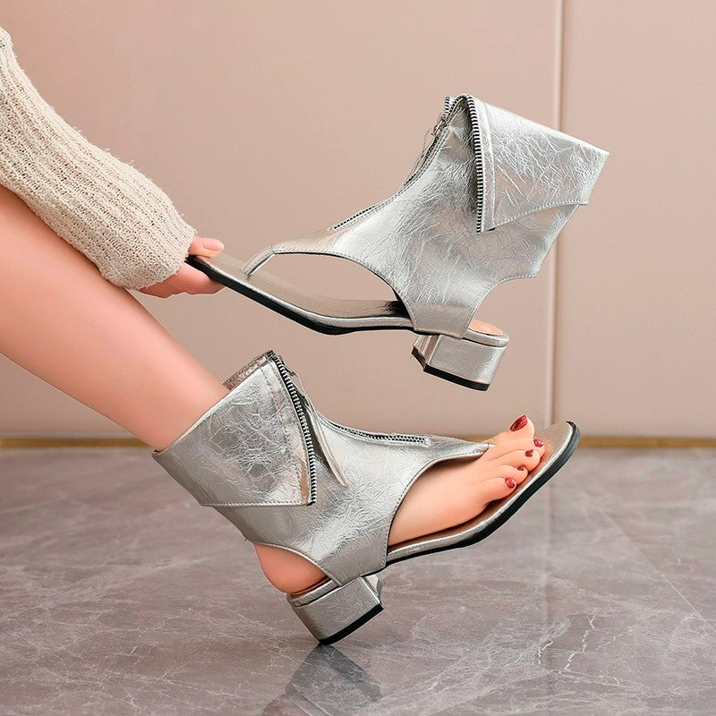 Femmes Edgy Y2K Punk Cracked en cuir métallique Sandales de bottes correspondant Casual Daily